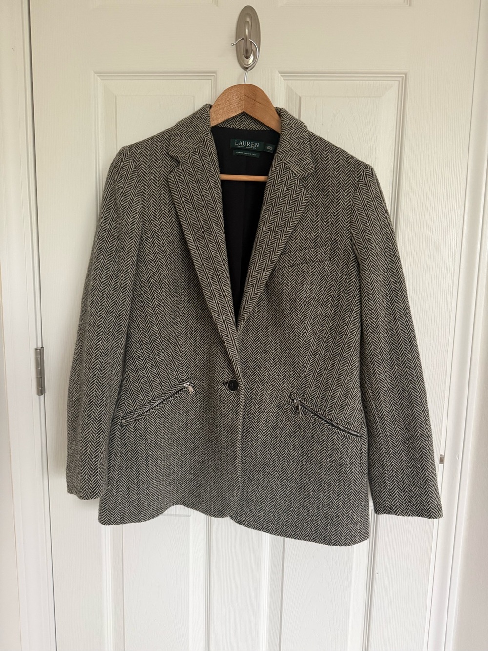 Women Lauren Ralph Lauren Wool Blend Black Houndstooth Blazer One Button Size 10